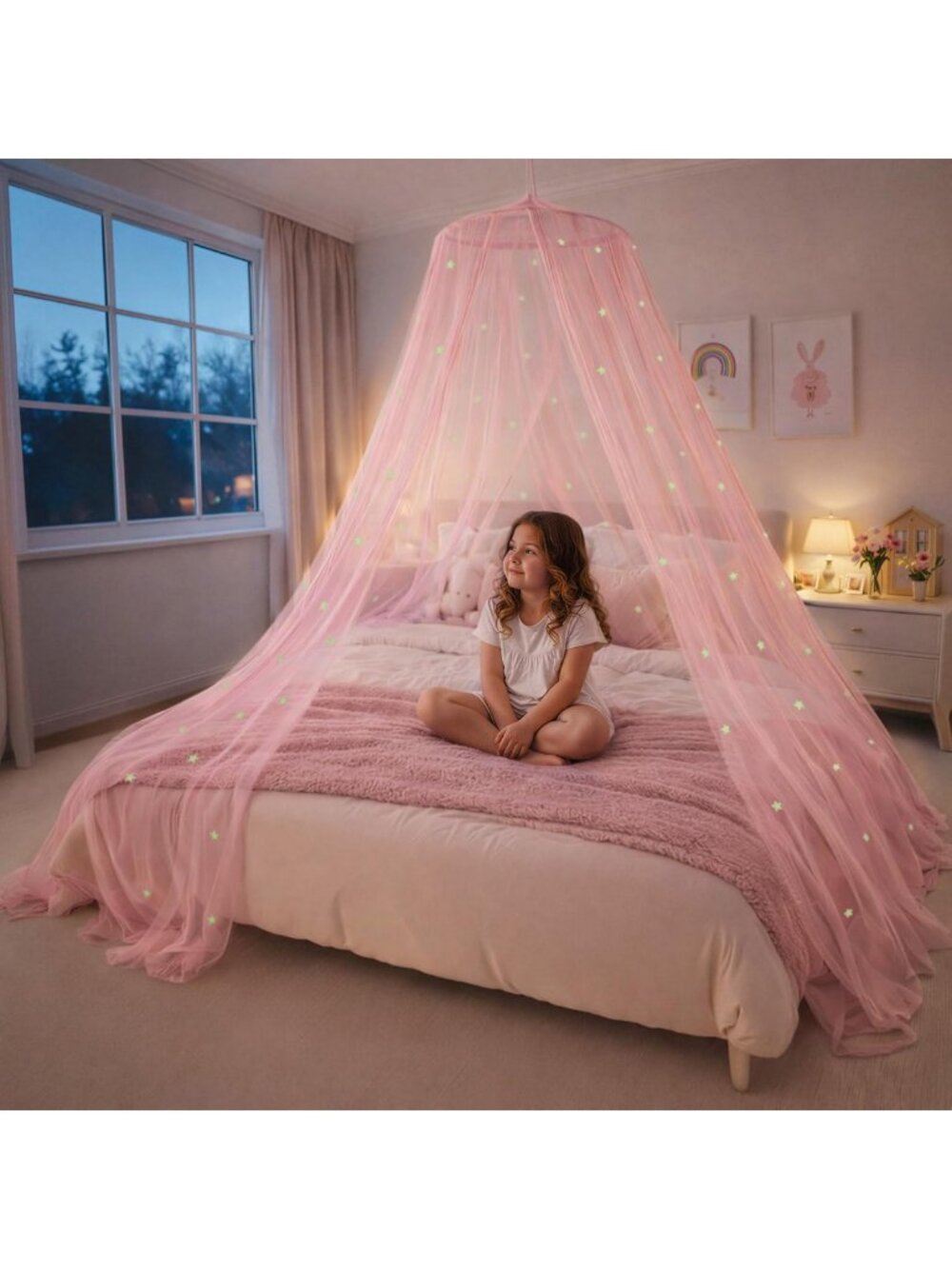 Pink Starry Bed Canopy for Girls - Premium Curtains for Twin, Full, Queen Beds